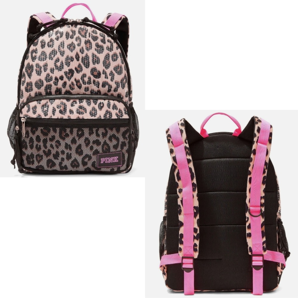 Victoria's Secret PINK Sequin Campus Backpack 16.3L Leopard Print Pink NWT